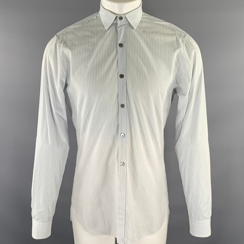 LANVIN Size S Light Blue Grey Black Stripe Cotton Spread Collar Shirt